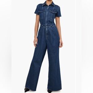 Good American Fit for success pleated wide leg Denim Jumpsuit